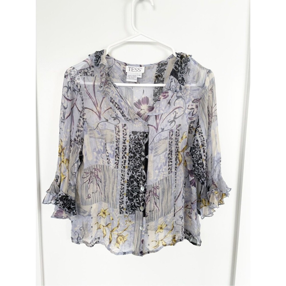 TESS Vintage 100% Silk Floral Patchwork Blouse Ruffle Trim Sheer size 14